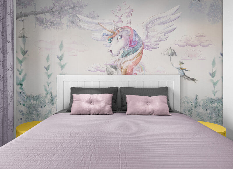 Nursery wallpaper, extra large wall mural with unicorn, removable baby girl room wallpaper, pink peel and stick wallpaper