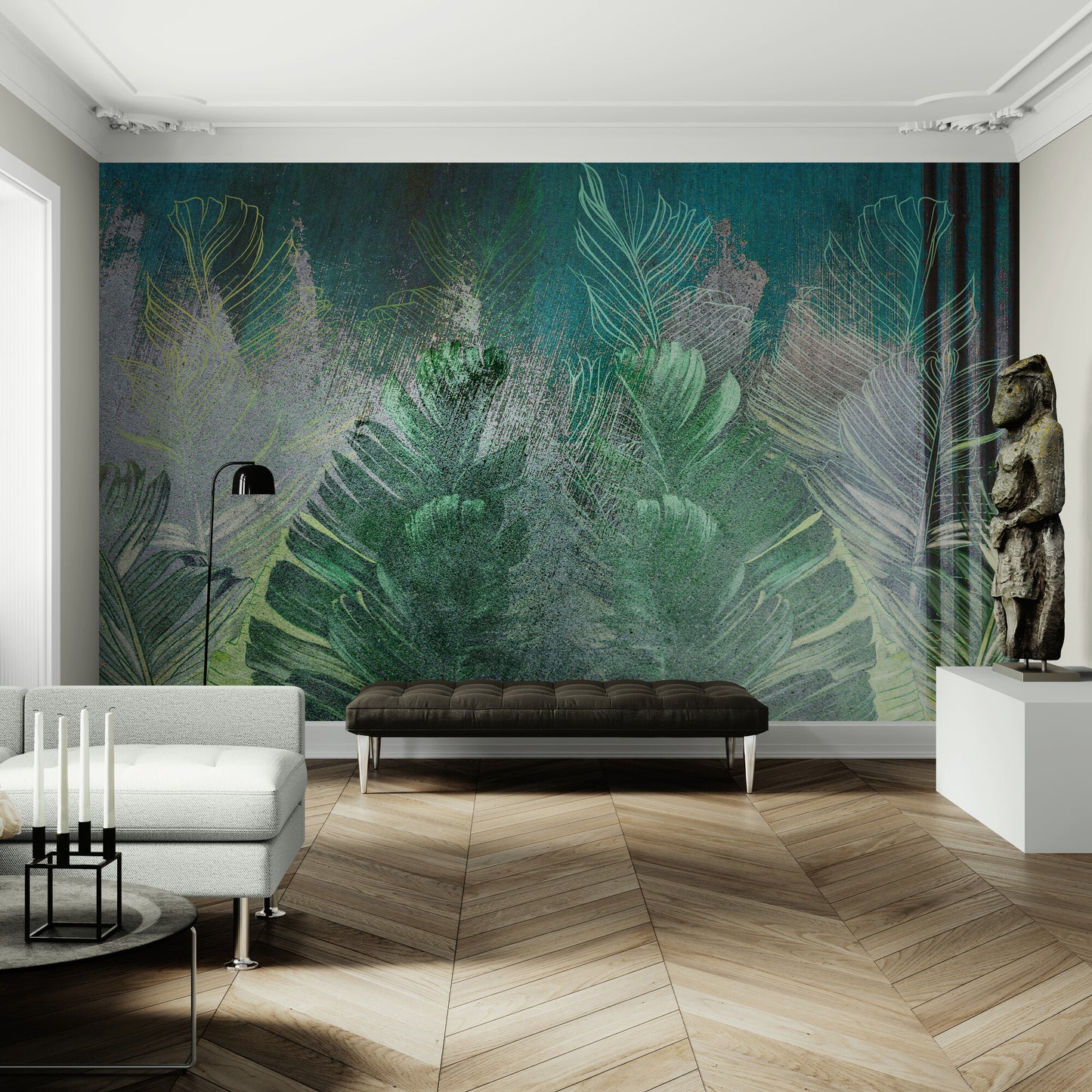 Extra large wallpaper with leaves, peel and stick botanical wall mural, removable green wallpaper, abstract wallpaper for living room or bedroom