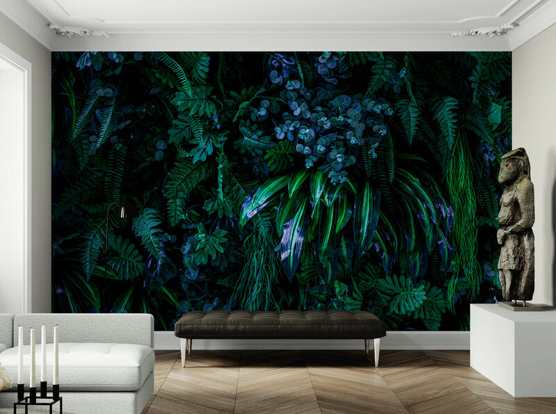 Extra large tropical wallpaper, wallpaper with leaves, self adhesive accentual wall mural, peel and stick wallpaper with dark green leaves