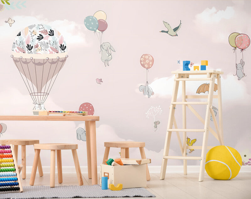 Extra large nursery wallpaper, self adhesive girl room wall mural, peel and stick baloons wallpaper, accentual pink wallpaper for child bedroom