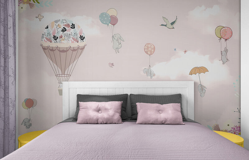 Extra large nursery wallpaper, self adhesive girl room wall mural, peel and stick baloons wallpaper, accentual pink wallpaper for child bedroom