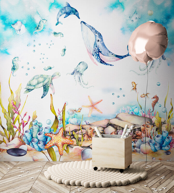 Extra large nursery wallpaper, self adhesive kids wall mural wirh underwater world, peel and stick wallpaper, accentual wallpaper for child bedroom