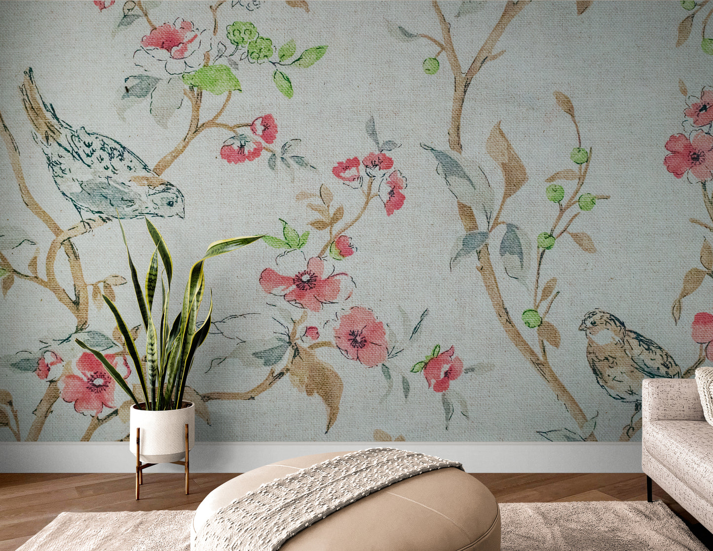 Birds wallpaper, self adhesive botanical wall mural, plants and trees wallpaper, peel and stick nature wallpaper, temporary accent wallpaper, bedroom wall mural