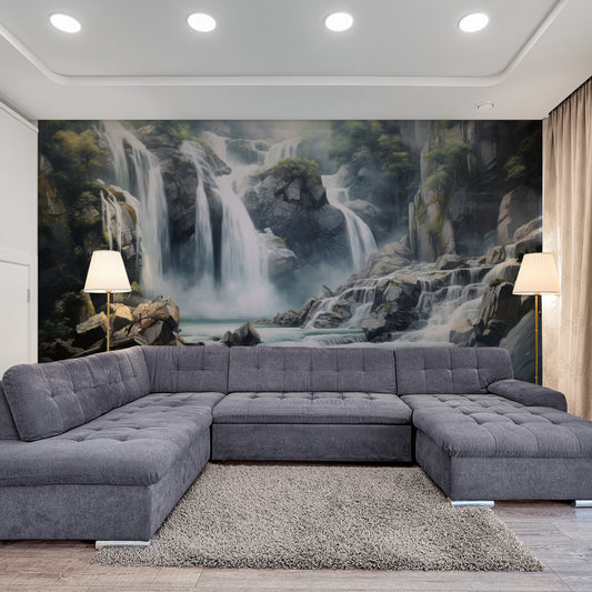 Wasserfall-Tapete, Tapete mit Bergen, Natur-Wandbild zum Abziehen und Aufkleben, selbstklebende Akzenttapete, Wohnzimmer-Wandbild