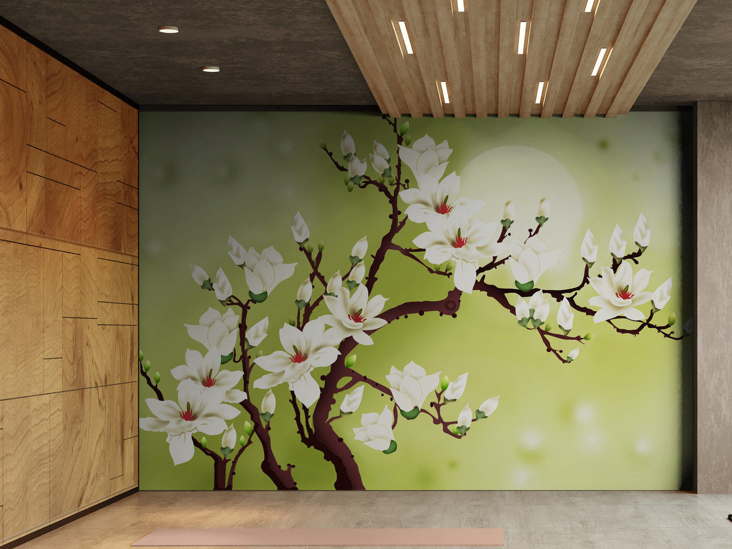 Magnolia blossom wall mural, self adhesive floral wallpaper, blooming tree wallpaper, peel and stick green and white wall mural, botanical wallpaper, temporary wall mural, accent wallpaper for living room