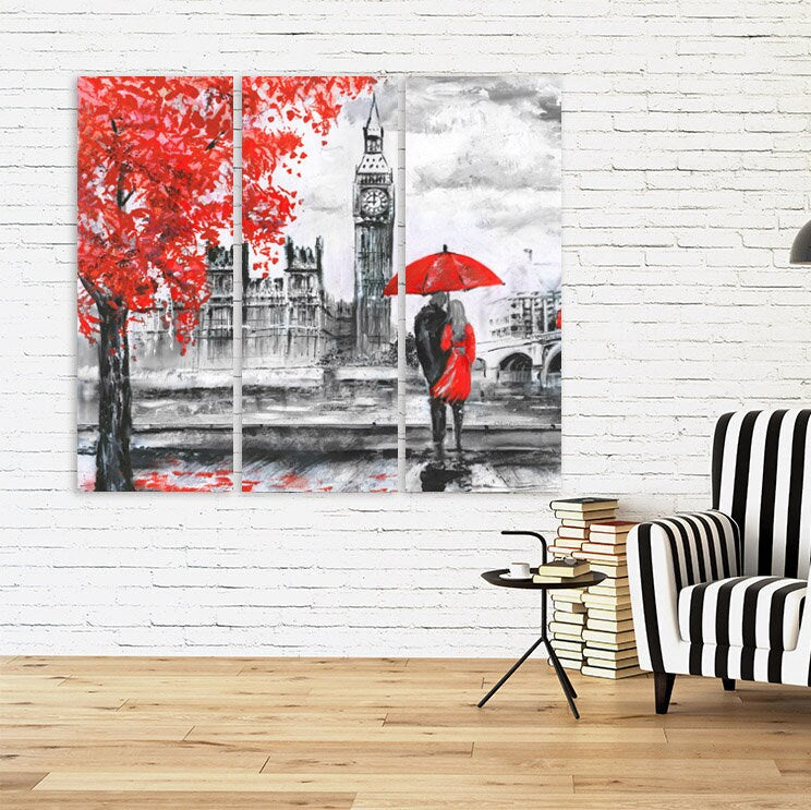 Love paintings on canvas, valentines day gift, love picture,  red umbrella art, Red tree wall decor, couple in love art extra large wall art