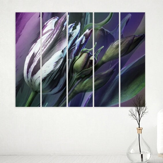 Tulip canvas painting Flowers wall art print Neon purple home wall decor farmhouse multi panel wall decoration