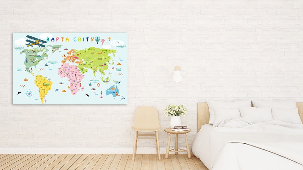 Boy nursery wall artChildren's world map wall art paintings on canvas, home wall decor, canvas painting, world map canvas, set of 3 nursery