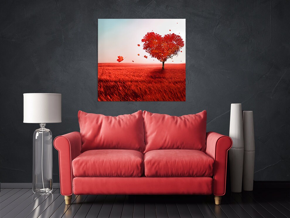 Love wall art paintings on canvas, home wall decor, red heart wall art, valentines day gift, heart wall decor, Red tree wall decor