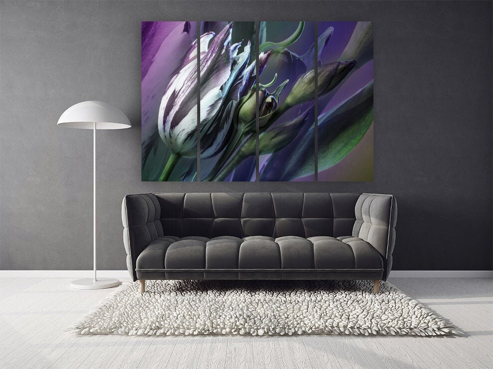 Tulip canvas painting Flowers wall art print Neon purple home wall decor farmhouse multi panel wall decoration