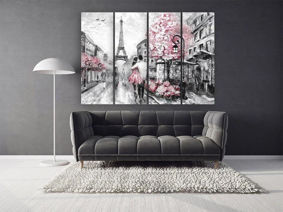 Love wall art paintings on canvas, home wall decor, couple in love in Paris, valentines day gift, paris wall art, Eiffel tower wall decal