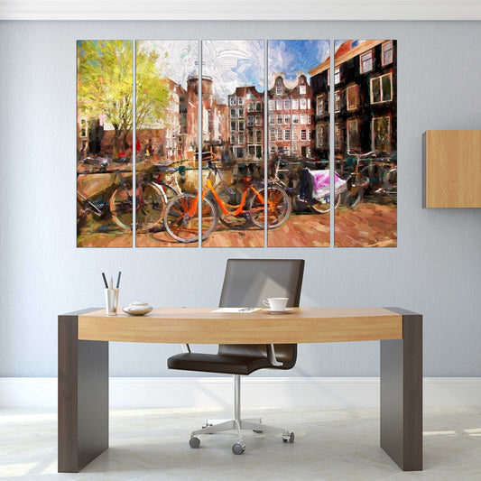 Vintage wall art paintings on canvas, home decor, city multi panel wall art, canvas print, trendy wall art, city street art bicycle wall art