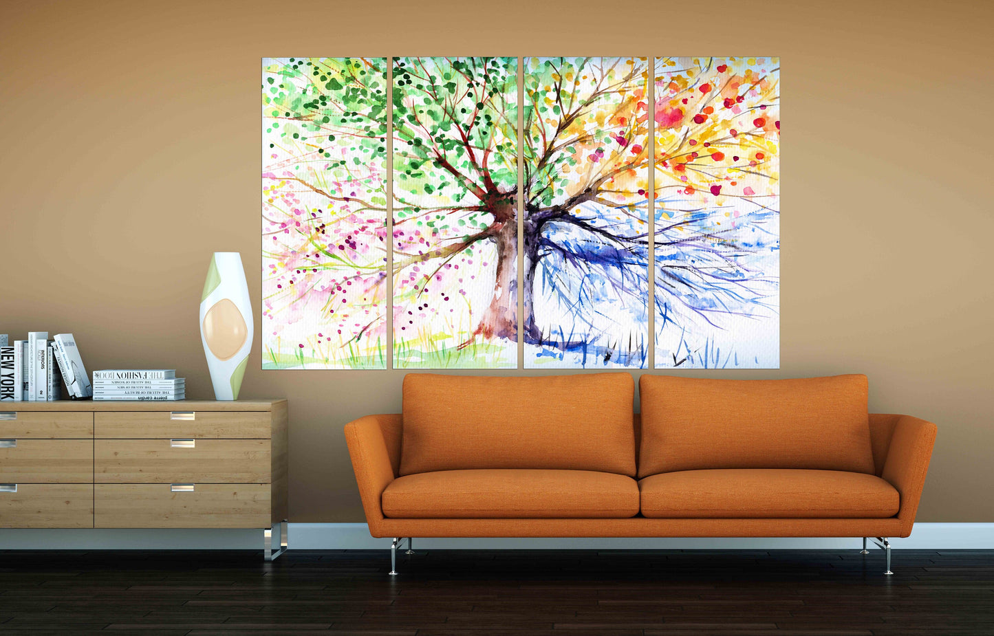 4 seasons tree wall art Four season tree Large canvas art canvas painting Multi panel wall art Extra large wall art