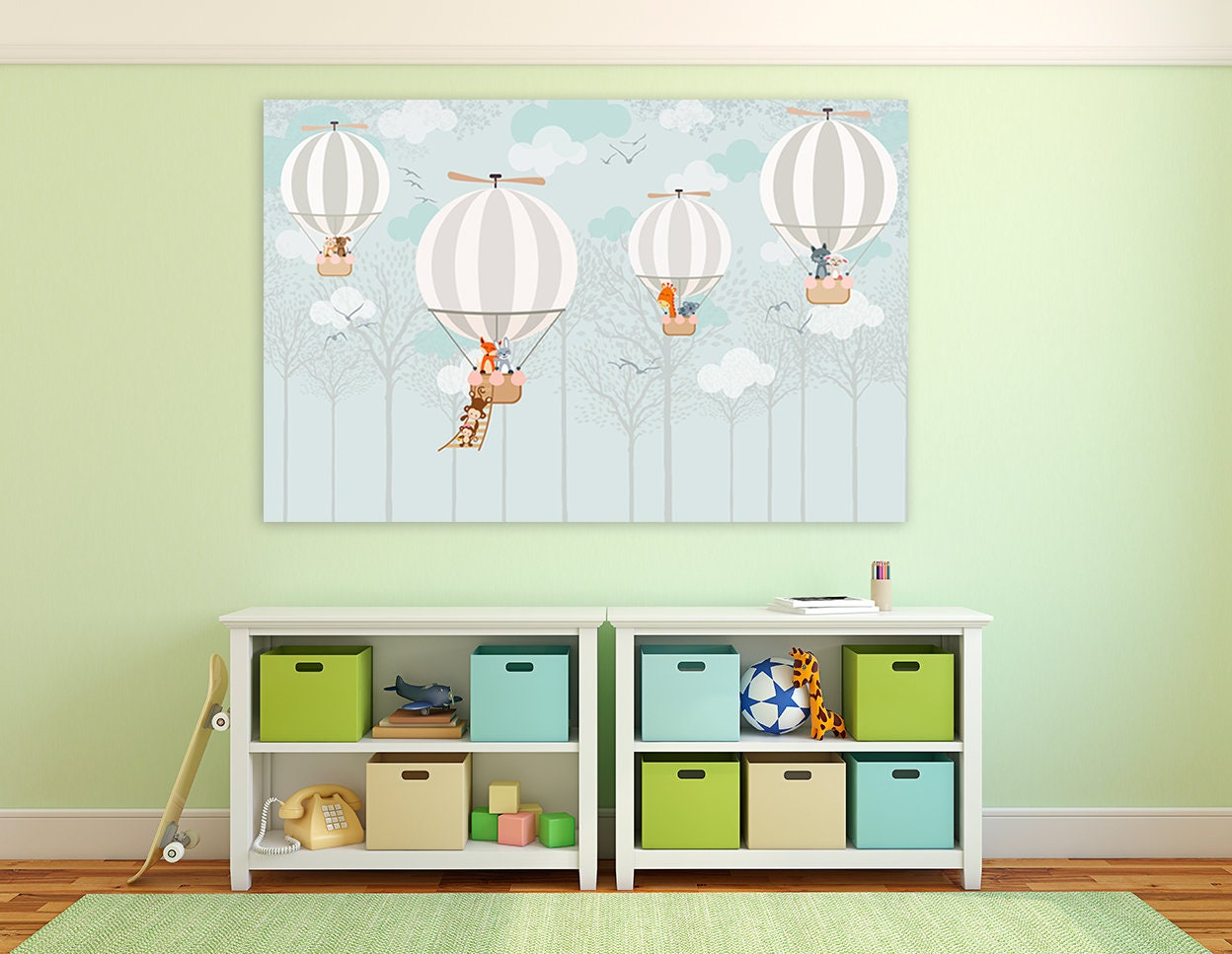 Baby nursery wall art Playroom Kids wall decor boy balloon nursery picture hot air balloon art animals print Multi panel canvas painting