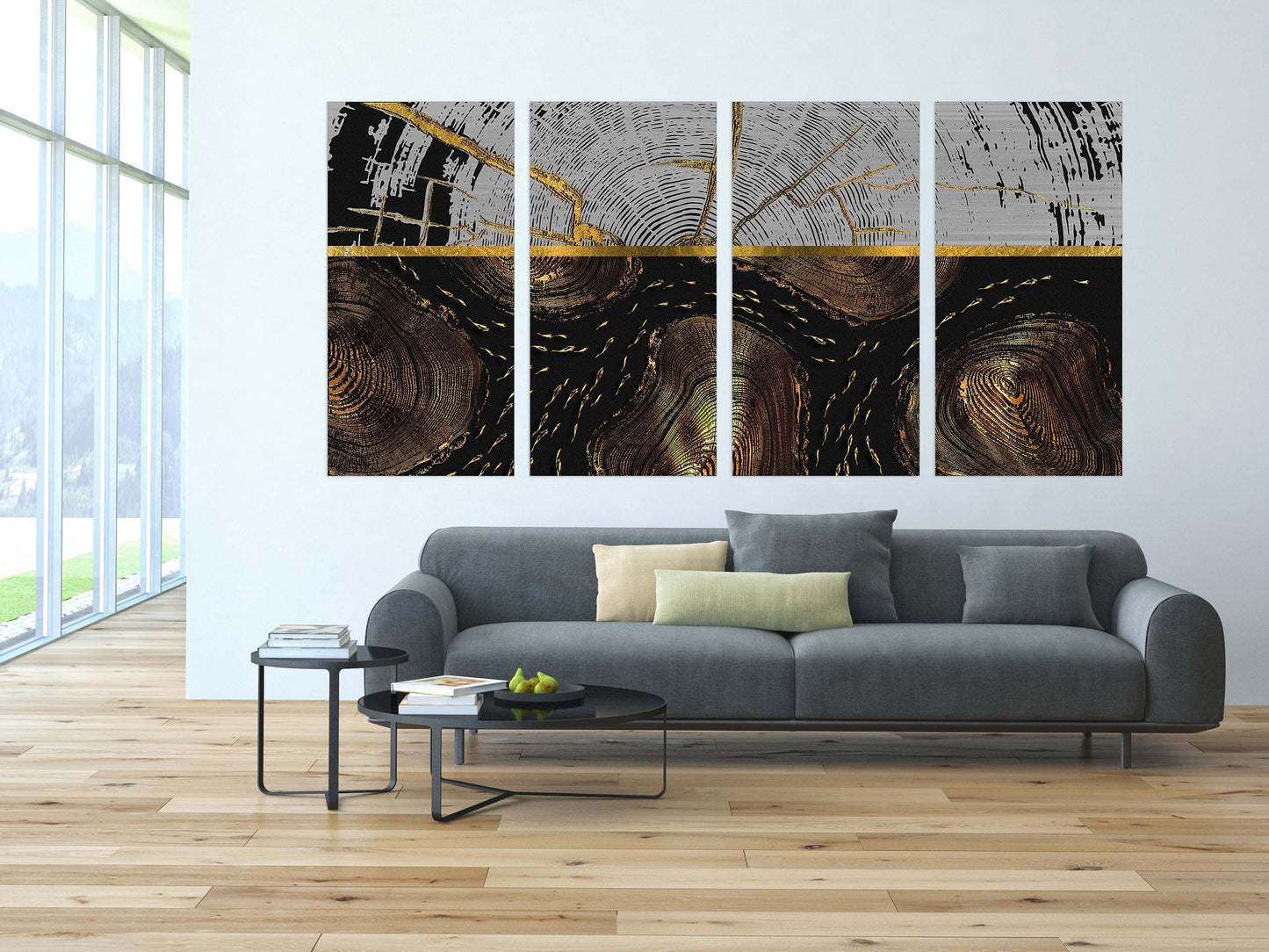 Black and gold abstract wall art Abstract painting Multi panel wall art Housewarming gift Home wall decor 3 panel canvas