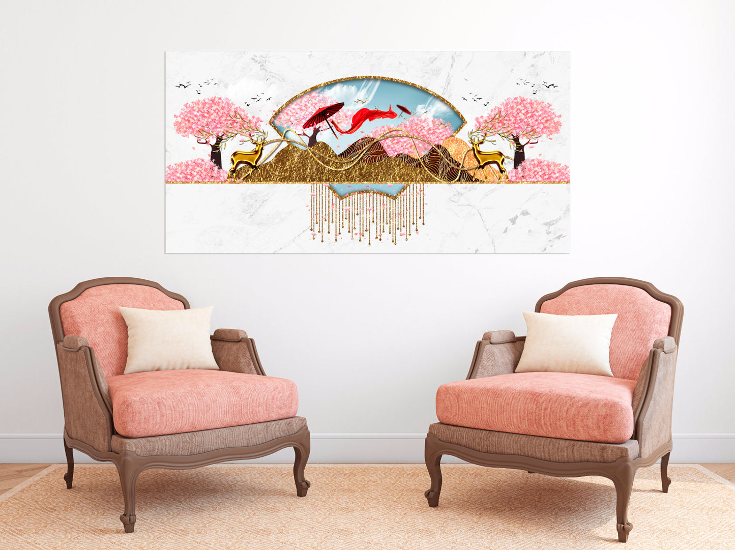 Sakura blossoms Japanese wall art Canvas painting Home wall decor 3 piece frame canvas Rocks and mountains Asian wall art Golden deer