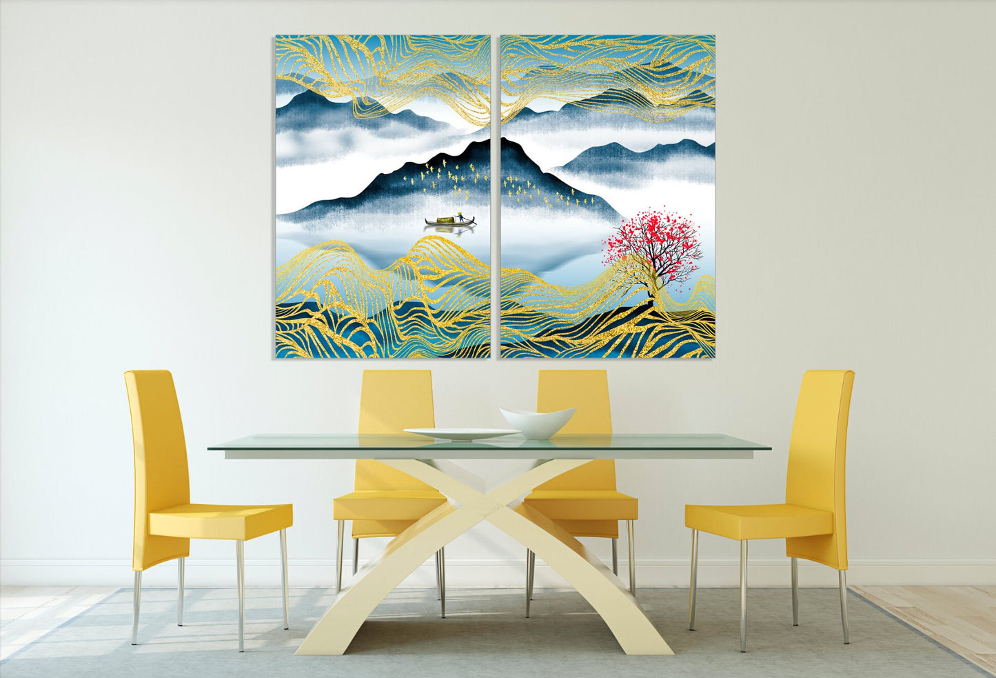 Boat wood Sakura blossoms Felt boat Mountain Lake decor Home wall decor Canvas painting Rocks and mountains Thin blue line