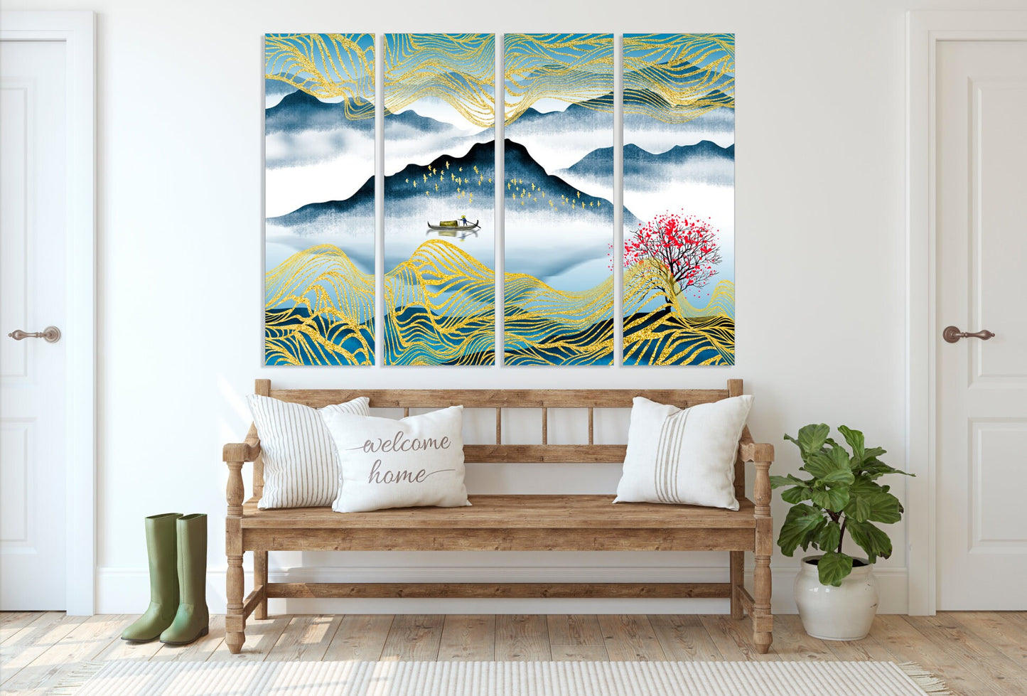 Boat wood Sakura blossoms Felt boat Mountain Lake decor Home wall decor Canvas painting Rocks and mountains Thin blue line