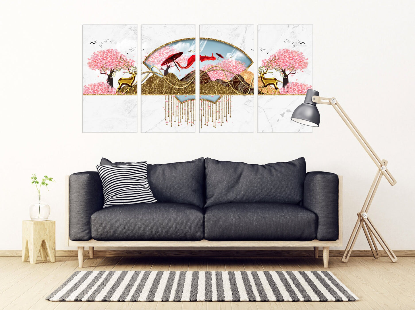 Sakura blossoms Japanese wall art Canvas painting Home wall decor 3 piece frame canvas Rocks and mountains Asian wall art Golden deer