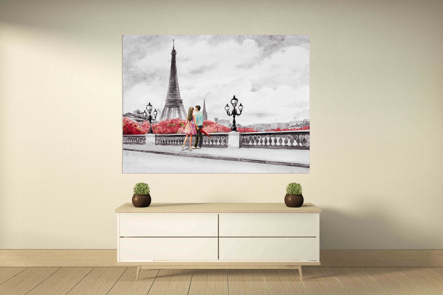 Love wall art paintings on canvas Home wall decor Couple in love in Paris Valentines day gift Paris wall art Eiffel tower wall decal