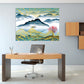 Boat wood Sakura blossoms Felt boat Mountain Lake decor Home wall decor Canvas painting Rocks and mountains Thin blue line