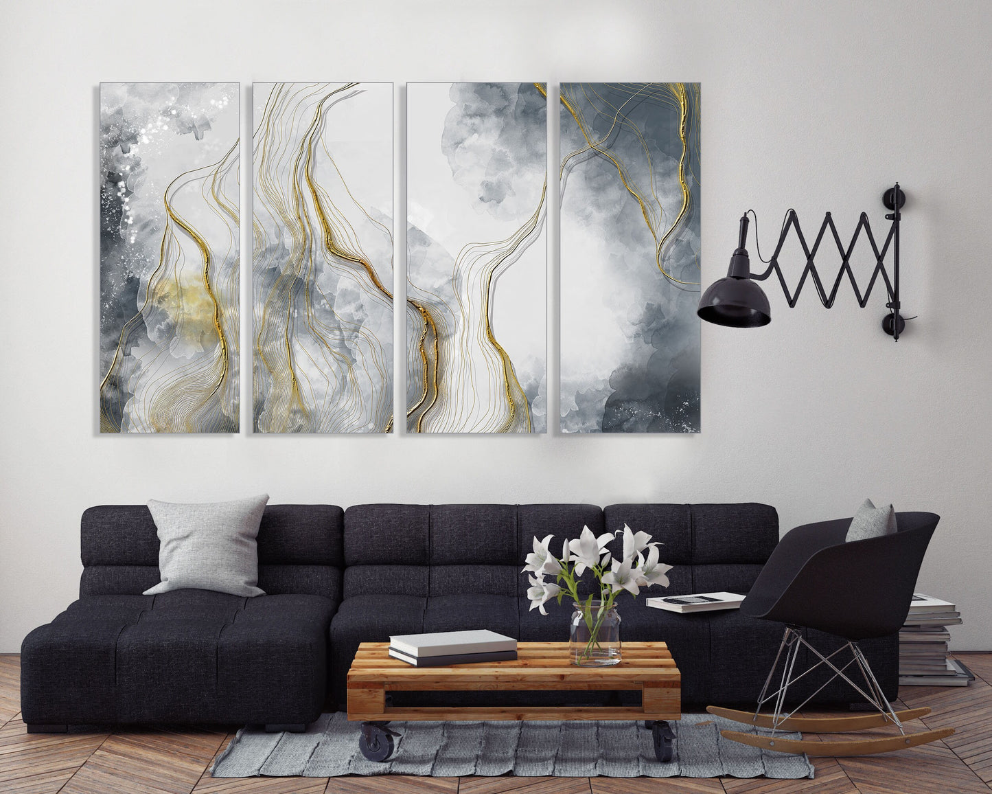 Abstract canvas wall art Gold and black wall art horizontal home decor wall art Abstract art print Extra large wall art Multi panel wall art