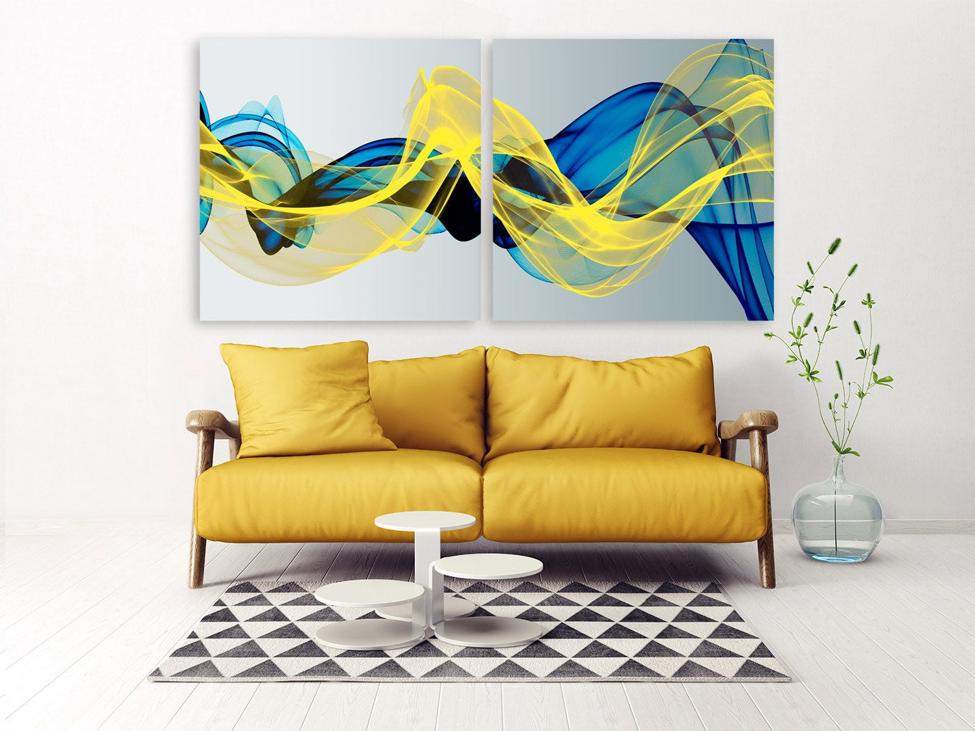 Blue and yellow wall art trendy Extra large Abstract wall art Modern Abstract painting Multi panel canvas room wall decor