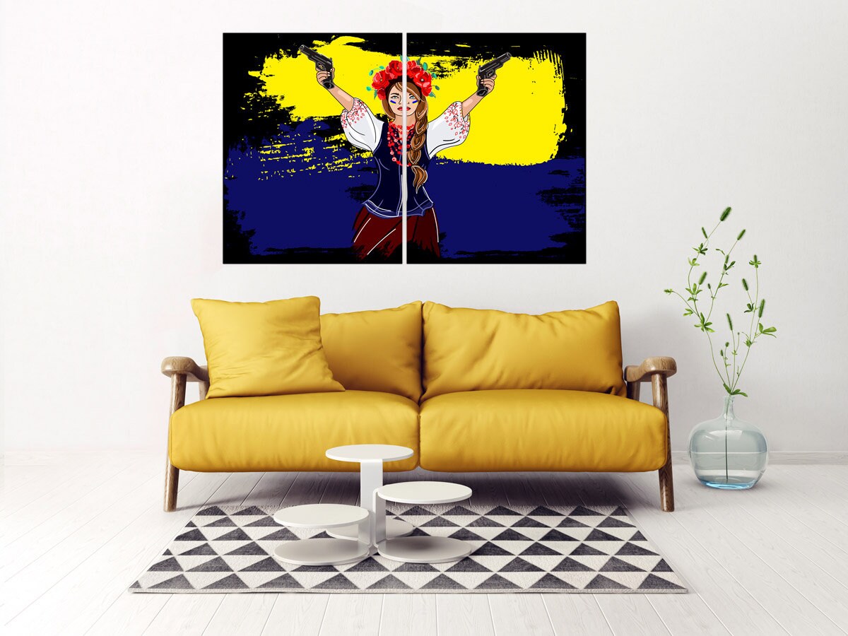 Ukrainian painting canvas Ukrainian girl print Blue and yellow gallery wall art Patriotic decor gift, Ukrainian sellers, Buy ukrainian art