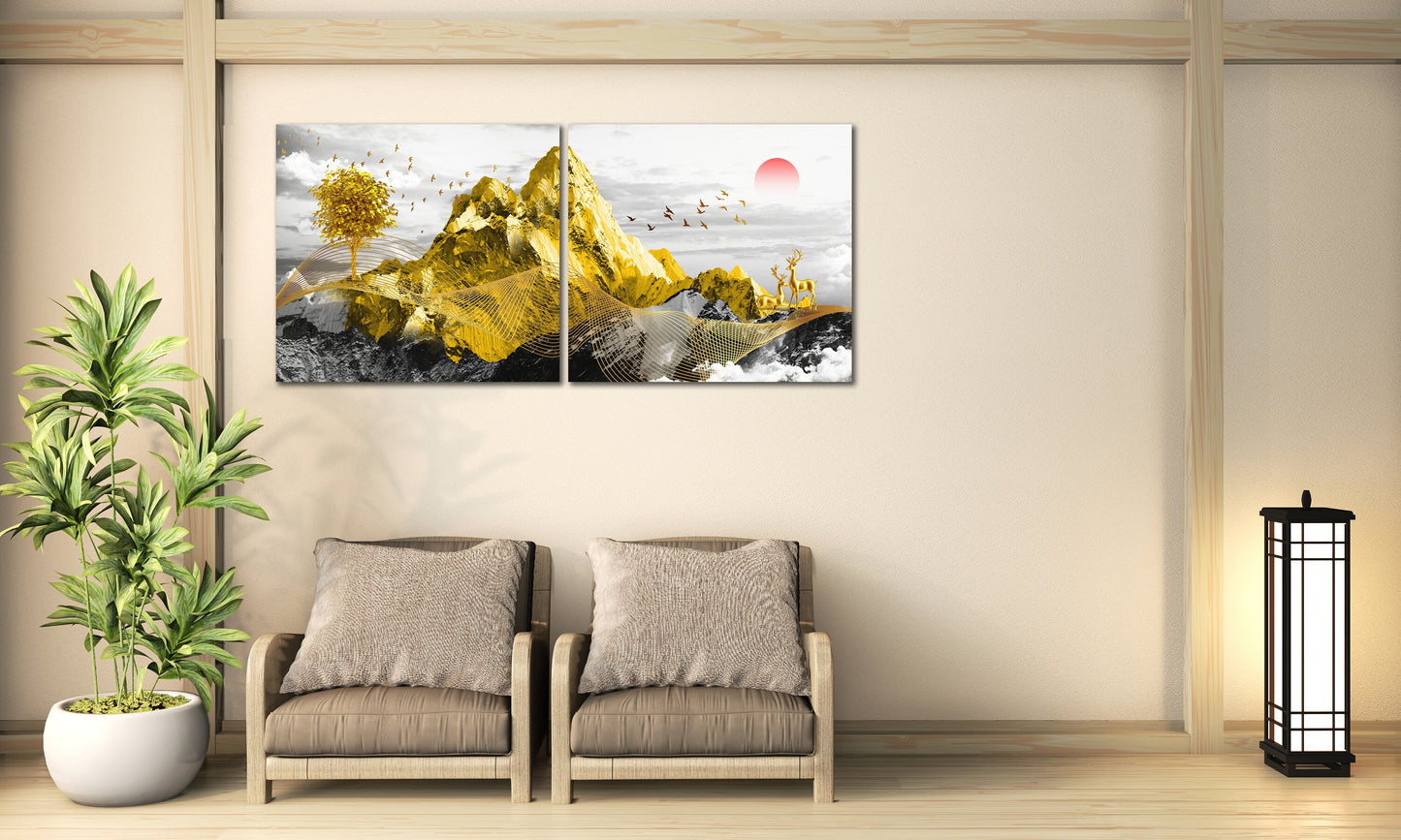 Gold mountains japanese wall art canvas paintings, wall pictures mountains, asian nature wall art, bedroomwall decor, mountain art print