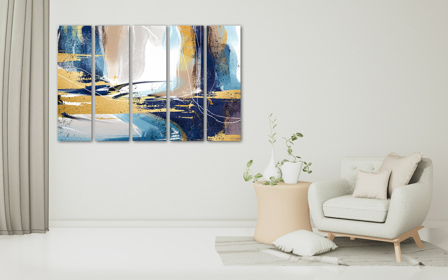 Blue yellow wall art, extra large horizontal wall art, modern abstract canvas painting, multi panel abstract print