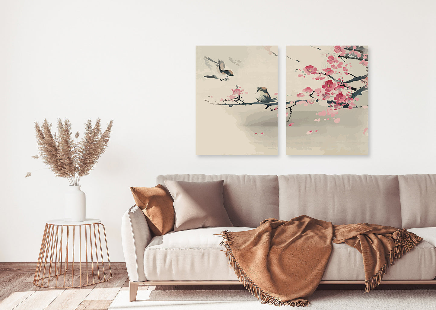 Sakura bonsai tree wall art, sakura blossoms canvas painting, floral asian wall decor japanese wall art bird prints wall art gift home decor