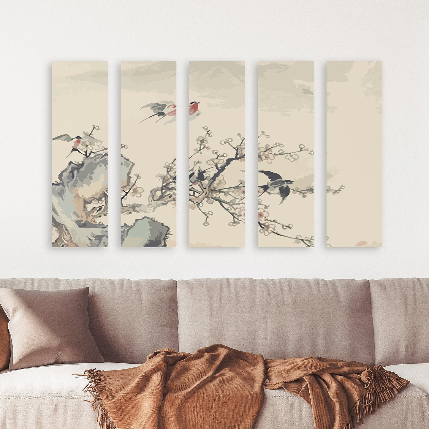 Sakura bonsai tree wall art, sakura blossoms canvas painting, floral asian wall decor japanese wall art bird prints wall art gift home decor