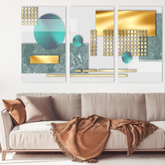 Extra large geometric wall art, odern abstract canvas art print, multi panel canvas wall decor, set of 3 art prints for gift in gold & blue