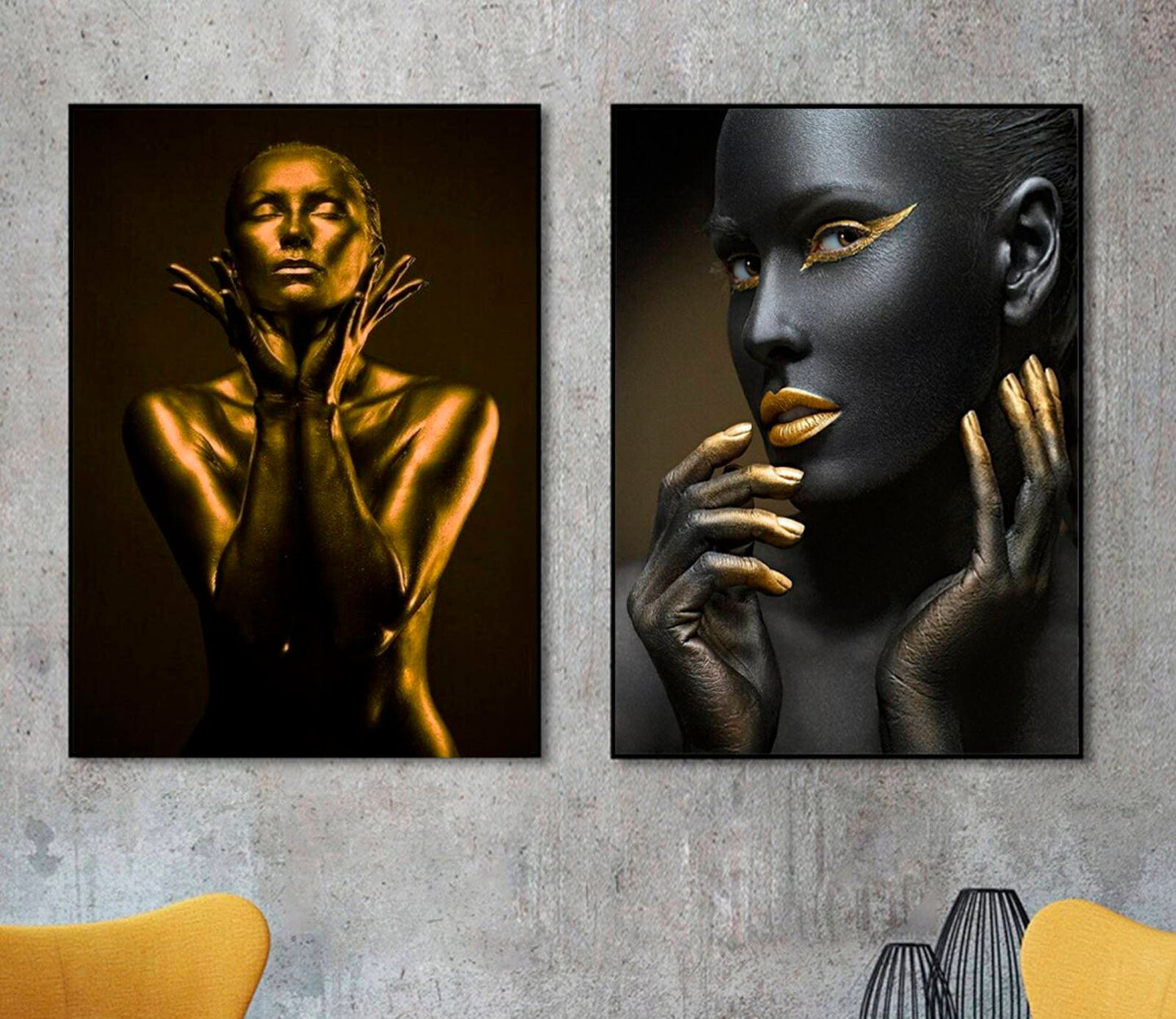 Modern framed canvas wall art paintings, home wall fashion decor in gold and black, two panel  print wall art with woman in floating frame