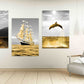 Modern framed marine wall art, seascape canvas print in floating frame, set of 3 prints in gold grey colors, painting with dolphin and ship