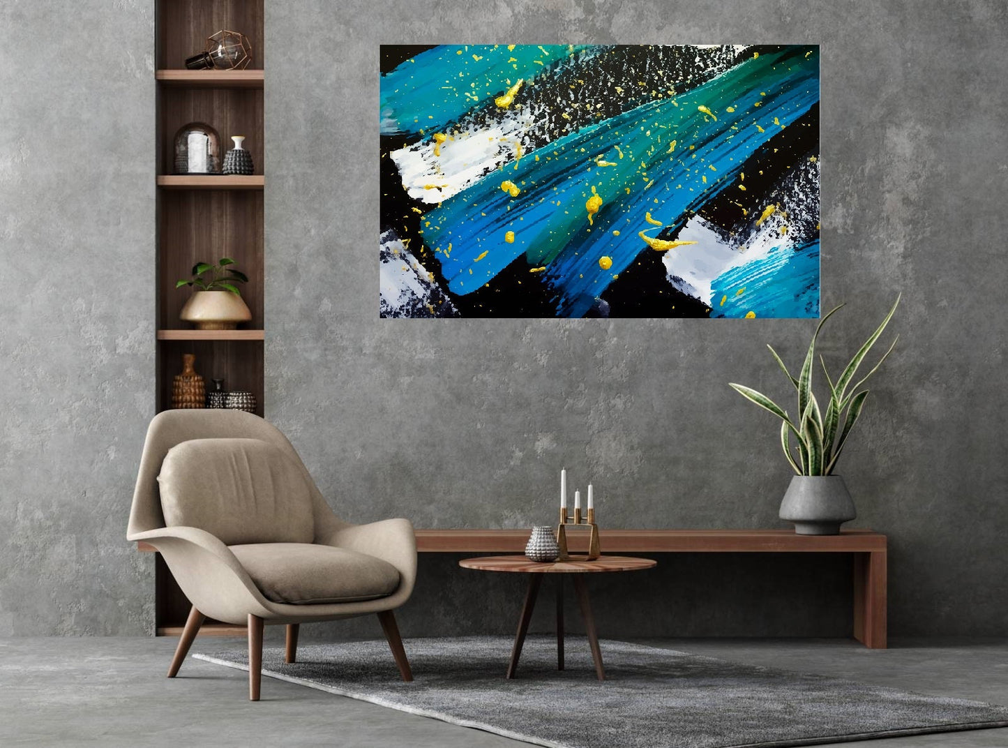 Abstract colorful framed wall art, large blue float frame canvas print, modern conceptual oil canvas artwork, simple abstract wall art