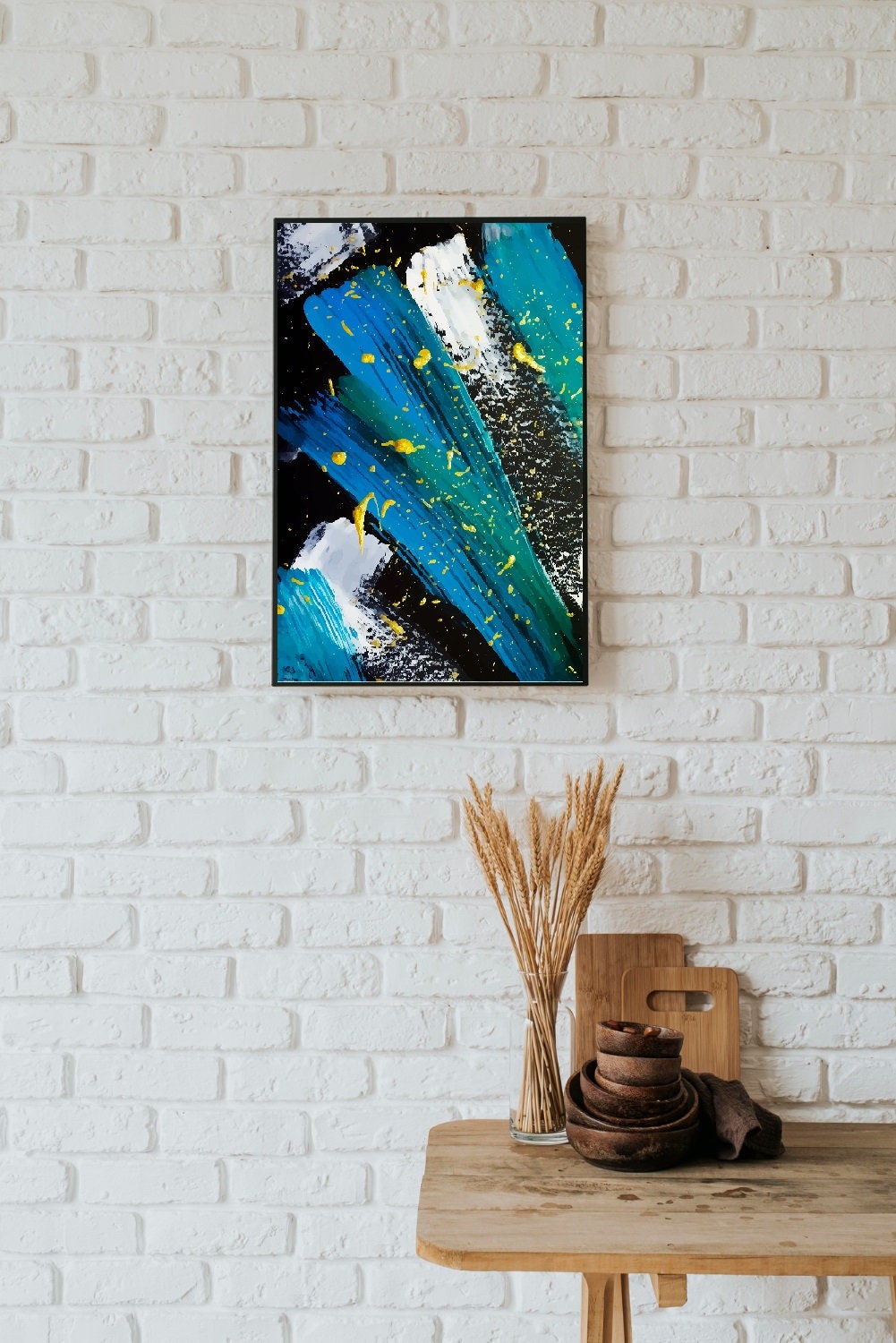 Abstract colorful framed wall art, large blue float frame canvas print, modern conceptual oil canvas artwork, simple abstract wall art