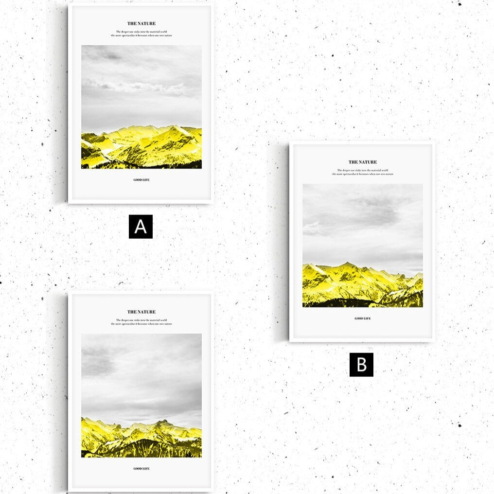 Mountains three piece framed wall art, abstract floater frame artwork, set of 3 landscape prints, yellow white framed wall hanging decor