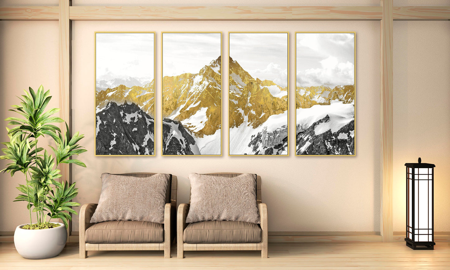 Multi panel gold mountains wall framed canvas painting, set of 3 wall mountain arts in gold floating frame, asian nature wall art for gift