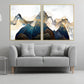 Abstract framed blue mountains canvas wall art, large landscape printable wall art in gold floating frame, set of 3 artworks for home