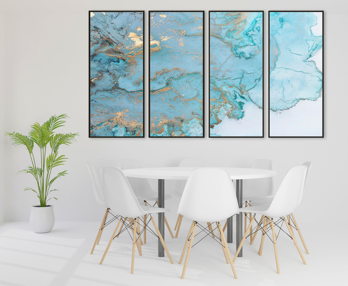 Modern framed blue abstract canvas wall art, set of 3 extra large prints in black floating frame, trendy multi panel paintings on canvas