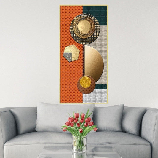 Abstract framed geometrical wall art, large orange floater frame living room canvas print, trendy printable interior picture with circles