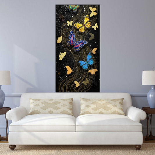 Large butterfly wall art, floater frame canvas print, dark printable hanging wall decor, colorful framed canvas artwork for living room