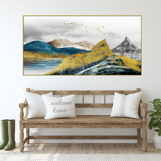 Golden mountains framed wall art, printable landscape artwork in floater frame, large blue gold canvas print, living room canvas wall art