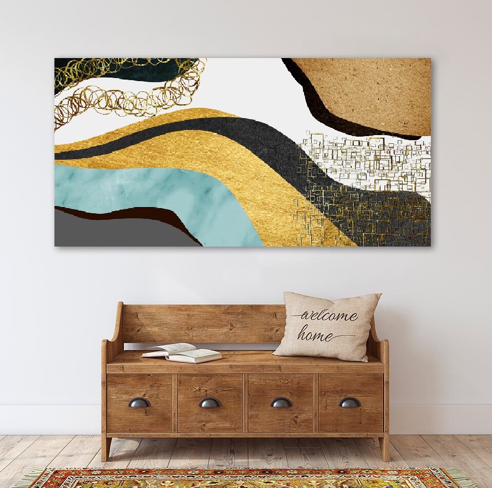 Large abstract floater frame wall art, colorful printable artwork, framed abstract golgen waves canvas artwork, living room hanging wall art