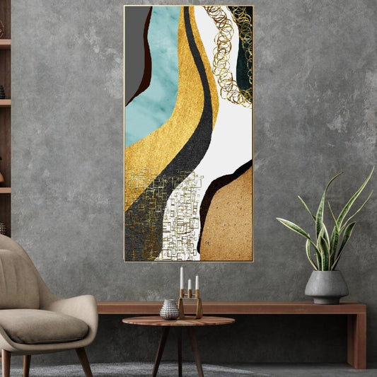 Large abstract floater frame wall art, colorful printable artwork, framed abstract golgen waves canvas artwork, living room hanging wall art