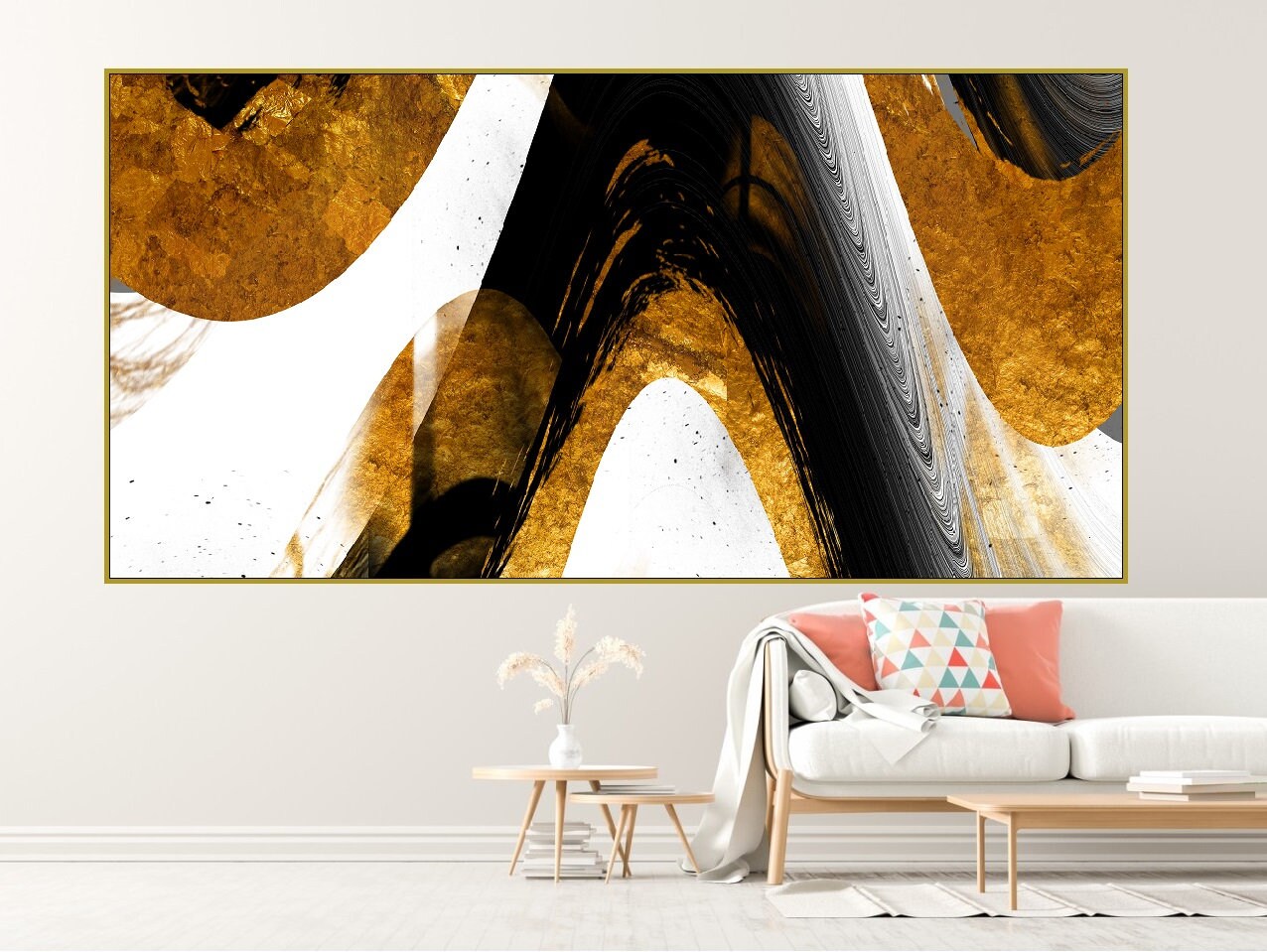 Abstract floater frame wall art, extra large black and gold artwork, modern hanging wall decor, printable framed wall art for living room