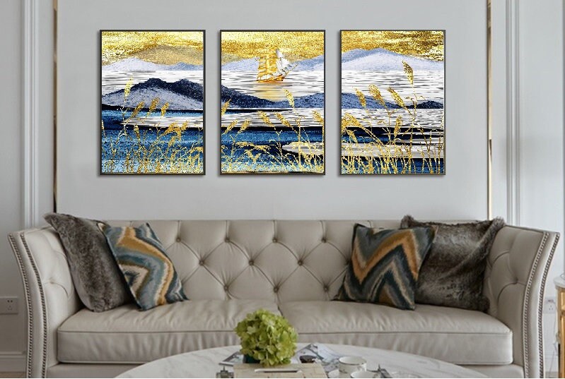 Large set of 3 floater frame wall art, printable landscape artwork, blue gold framed canvas print, marine living room three piece artwork