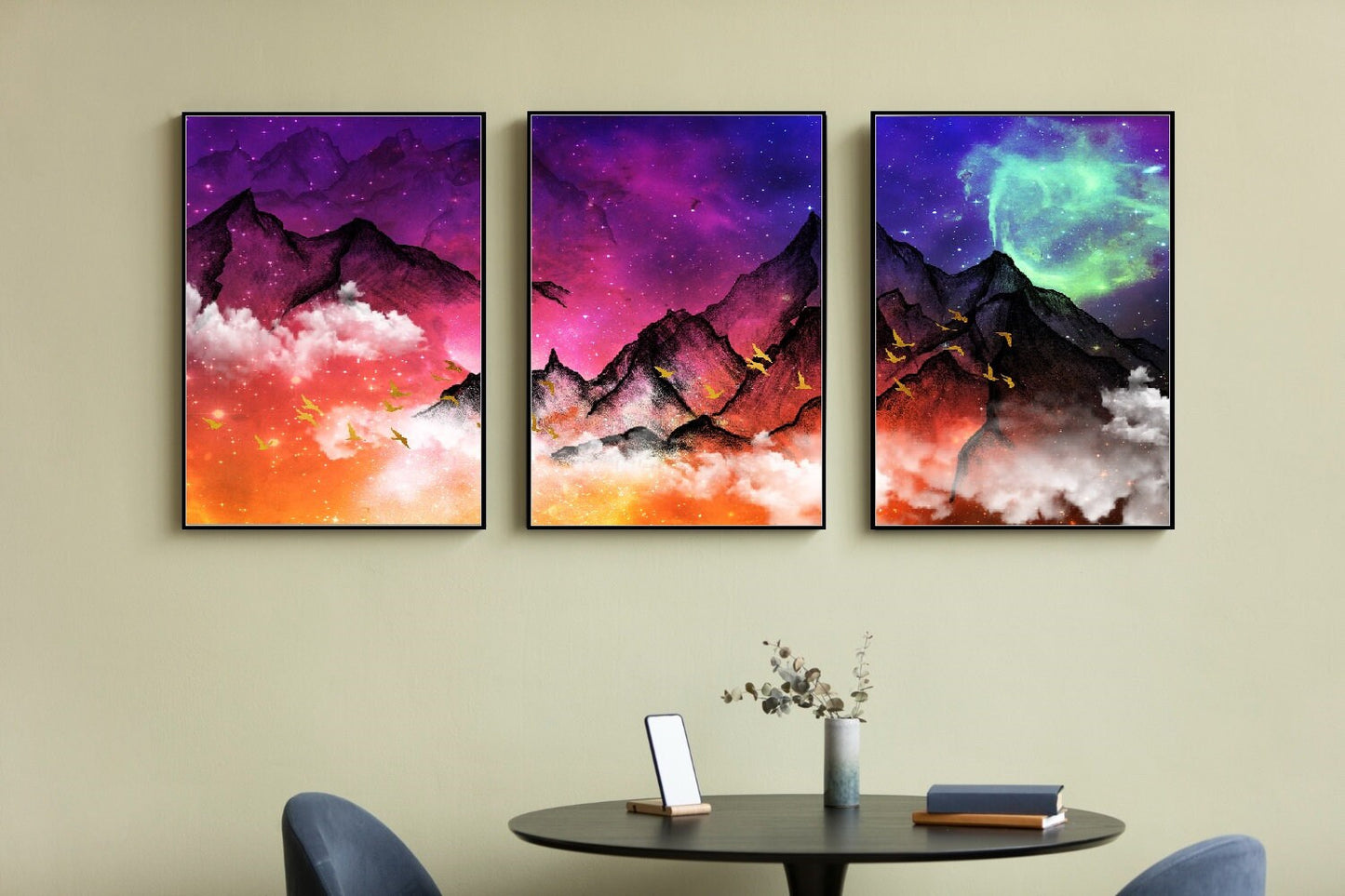 Set of 3 colorful nature floater frame wall art, extra large framed landscape artwork, mountains wall art, modern living room canvas print