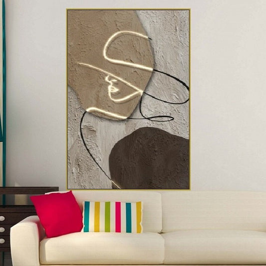 Large one line wall art, abstract floater frame canvas print, grey brown hanging wall decor, fashion vertical artwork, living room wall art